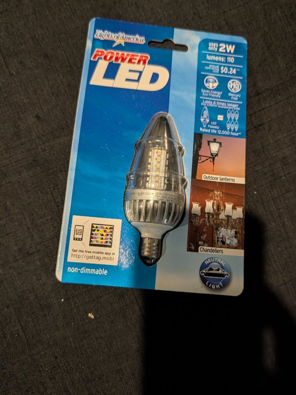 Lights of America Power LED Chandelier Bulb 2W E12 Candelabra Base 4100K NIP